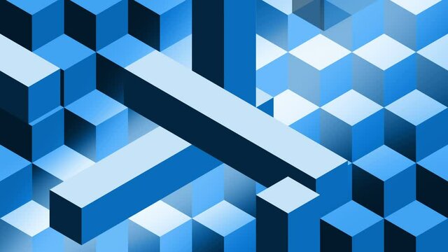 Blue cubes and bars abstract animation for background, looped seamless. 3D Isometric, hypnotic and elegant, with transparency effects.