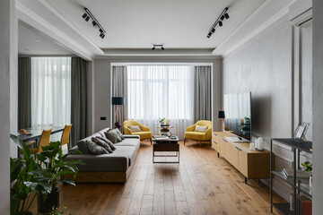 living room, living room with large window, modern apartment
