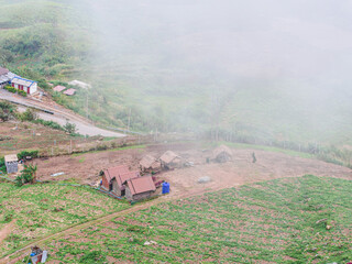 high angle view of mountain farming country house at Phu Tub Berk in Phetchabun, Thailand.