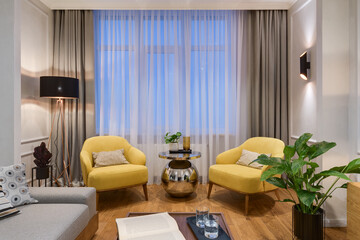 living room, living room with large window, modern apartment