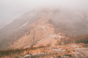 Thick fog on Mount Beshtau in Russia