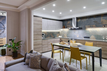 kitchen, modern apartment, living room