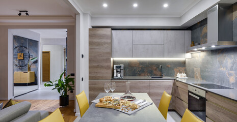 kitchen, modern apartment, cook room, living room