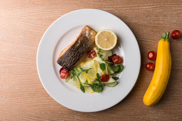 Grilled SALMON with Lemon Yellow Zucchini Salad with cherry tomato