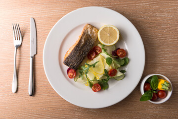 Grilled SALMON with Lemon Yellow Zucchini Salad with cherry tomato