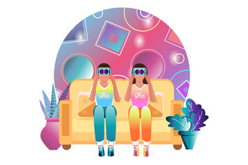 People in virtual reality glasses. The concept of the future, new technologies. Vector. Bright illustration in a flat style.