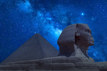 The Great Sphinx and Khafre Pyramid in Giza against night sky with stars and Milky way in Giza, Cairo, Egypt - Powered by Adobe