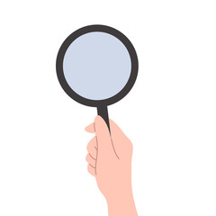 Vector cartoon illustration with hand holding a magnifying glass. Research or analysis concept. Cute fla illustration with black loupe. Inspection or examination