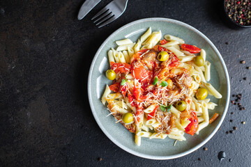 eggplant pasta sprinkle cheese tomato sauce pasta alla norma vegetables second course snack trend meal copy space food background rustic