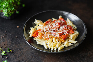 eggplant pasta sprinkle cheese tomato sauce pasta alla norma vegetables second course snack trend meal copy space food background rustic