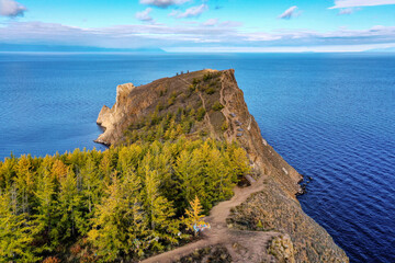 Fototapeta na wymiar Lake Baikal in autumn. Olkhon Island. Khoboy cape. Aerial view.