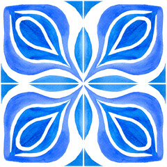 Watercolor blue tile isolated on white background. Hand painting folk ornament illustration.