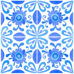 Fototapeta premium Watercolor blue tile isolated on white background. Hand painting folk ornament illustration.