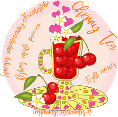 Cherry tea. Tea cooked with love. A tall glass for mulled wine with berries of cherry, decorated with leaves and flowers, inscriptions about utility