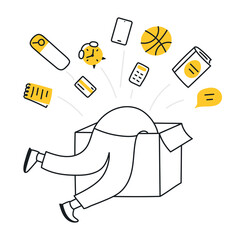 Discovery, research, finding, and creative process. Cute cartoon person diving in the box trying to find some answers inside, search among different stuff. Thin line vector illustration on white.