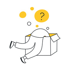 Search, research, finding process. Cute cartoon person diving in the box trying to find some answers inside, search for oneself concept. Thin line vector illustration on white.