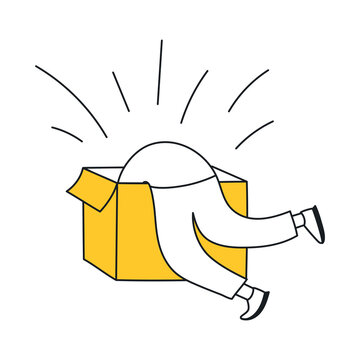 Search, research, finding process. Cute cartoon person diving in the box trying to find something inside. Thin line vector illustration on white.