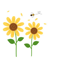 Bee cartoons with sunflower icons sign isolated on white background vector illustration.