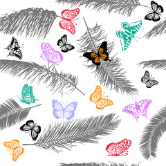 Palm leaves with butterflies . seamless background. Vector illustration