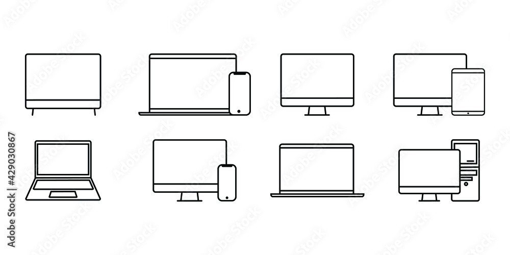 Poster device and gadget illustration collection set. laptop and pc in line art design. vector element grap