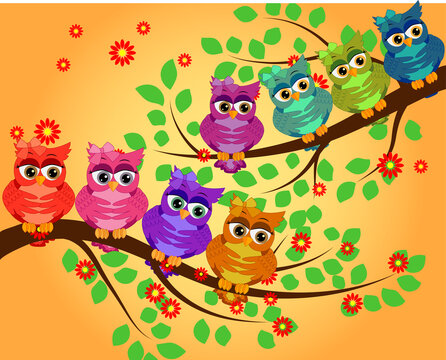 Funny owls on branch in flowers. Spring concept background. Bright illustration, can be used as invitation card. summer wallpaper © MichiruKayo