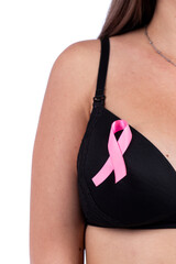 Caucasian girl with breast cancer ribbon