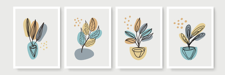 Gold Botanical wall art vector set. Earth tone boho foliage line art drawing with abstract shape. Abstract Plant Art design for print, cover, wallpaper, Minimal and natural wall art.
