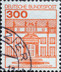 GERMANY - CIRCA 1982 : a postage stamp from Germany, showing historical castles in Germany. Herrenhausen Castle