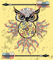 Dreamcatcher with owl. Zentangle. Abstract bird. Mystic symbol. American Indians symbol. for spiritual relaxation for adults.