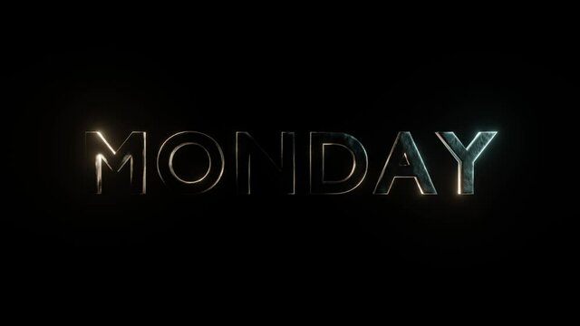 Monday, 3D text of the day of the week, glowing on a dark background, shimmering in two colors