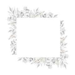 Watercolor square frame of pampas grass and pearl gray eucalyptus. Suitable for printing, web design, scrapbooking, souvenirs and other creative ideas.
