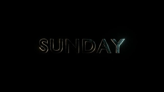 Sunday, 3D text of the day of the week, glowing on a dark background, shimmering in two colors