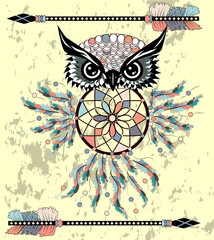 Dreamcatcher with owl. Zentangle. Abstract bird. Mystic symbol. American Indians symbol. for spiritual relaxation