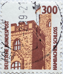 GERMANY - CIRCA 1988 : a postage stamp from Germany, showing sights in Germany. Hambach Castle