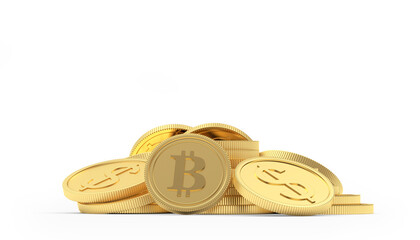 Heap of bitcoin and dollar gold coins isolated on white background. 3D illustration 