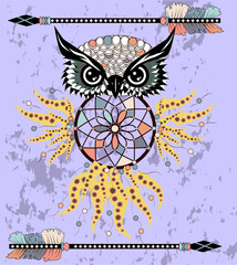 Dreamcatcher with owl. Zentangle. Abstract bird. Mystic symbol. American Indians symbol. for spiritual relaxation