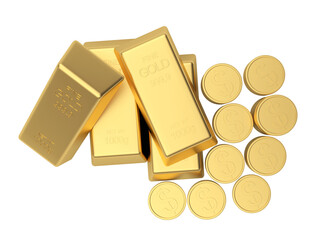 Gold bars and coins on white top view. 3D illustration 