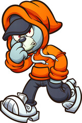 Gray Teddy bear with orange hoodie walking. Vector clip art illustration with simple gradients. All on a single layer. 
