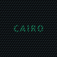 text "CAIRO" airport departure notice in blue color on black background, editable vector