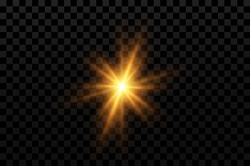 Glow effect. Gold star on a transparent background. Bright sun. Vector illustration.