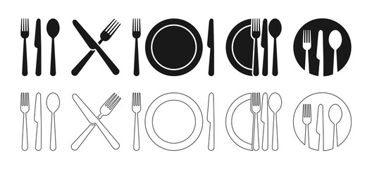 Cutlery icon. Set of fork, knife, spoon. Tableware icon. Logotype menu. Set in flat style. Silhouette of cutlery. Vector - 429034062
