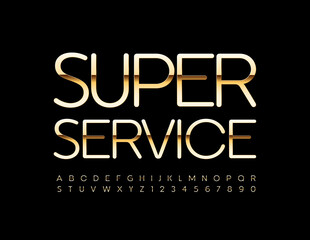 Fototapeta na wymiar Vector business badge Super Service. Elegant shiny Font. Golden Alphabet Letters and Numbers set