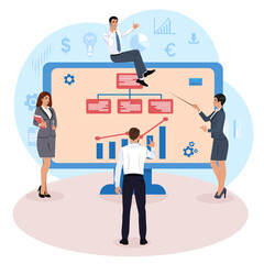 Web design and development design concept, adaptive design, seo. Vector illustration for a website banner, marketing material, business presentation, online advertising. A team of businessmen.