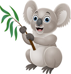 Cartoon koala holding a branch of eucalyptus tree © tigatelu
