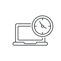 Laptop with clock linear icon. Time management. Thin line customizable illustration. Contour symbol. Vector isolated outline drawing. Editable stroke