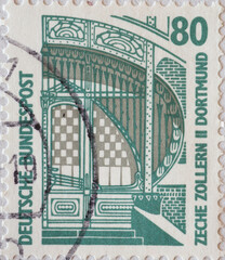 GERMANY - CIRCA 1987: a postage stamp from Germany, showing sights in Germany. Mine Zollern II Dortmund