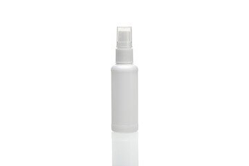Small white antiseptic bottle spray. Cosmetic plastic bottle with transparent cap. Blank mockup bottle isolated on white background with copy space.