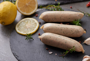 Fresh raw sausages and ingredients for cooking. Classic boiled meat pork sausages on chopping board with pepper, rosemary, herbs and spices. Selective focus, Top view with copy space on stone table