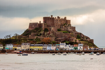 Mount Orgueil castle over the Gorey village, Saint Martin, bailiwick of Jersey, Channel Islands
