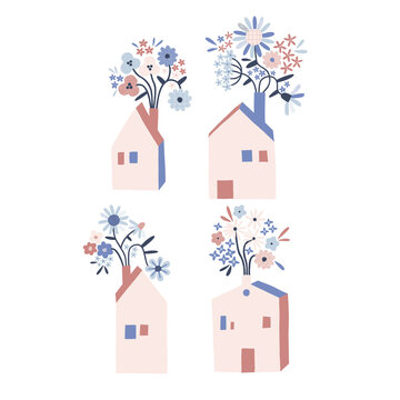 Tiny blooming boho house with daisy floral bouquet in chimney vector illustration set. Hygge Scandinavian folksy daisy flower homely building clip art collection isolated on white. Decorative graphics